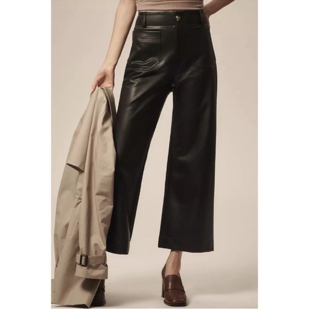New Anthropologie The Colette Faux Leather Crop Wide-Leg Pants Black 28P Petite